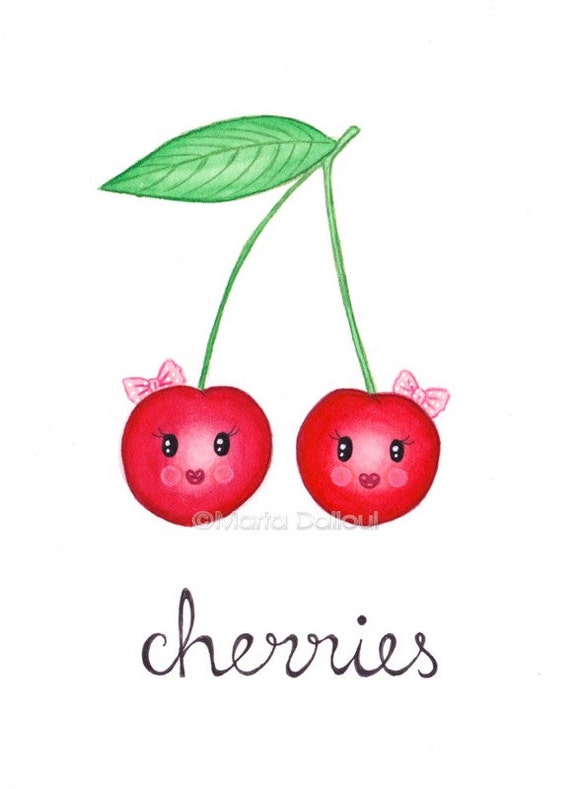 Cherry Fruit Art Print. Cherry Watercolor Painting. Cute Cherries