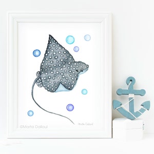 Baby Manta Ray art print . Fish wall decor. Stingray watercolor painting. Under the sea nursery. Ocean kids room art.Nautical illustration.