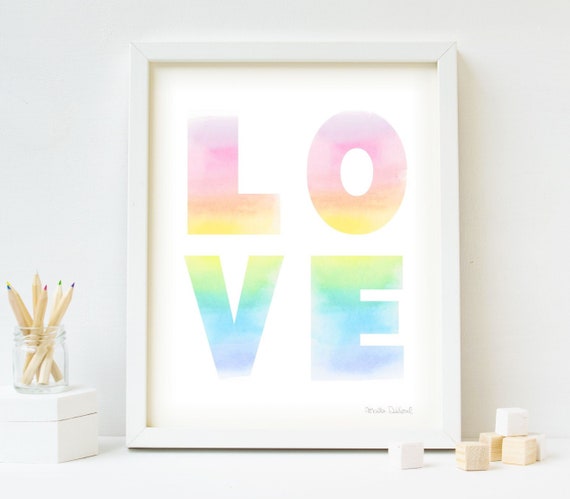 Pastel Rainbow LOVE Art Print, Watercolor Nursery Decor