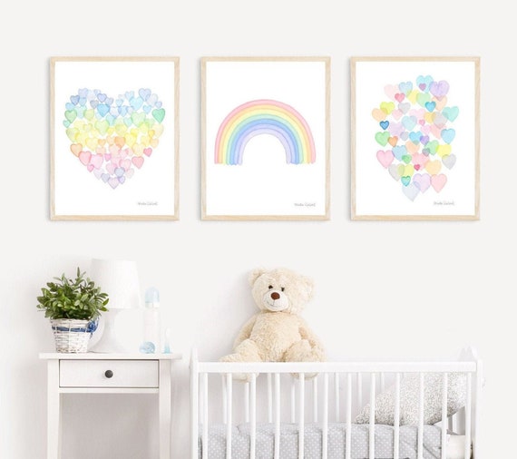 Pastel Rainbow Art Set. Heart Art Print. Nursery Decor. Girls Room