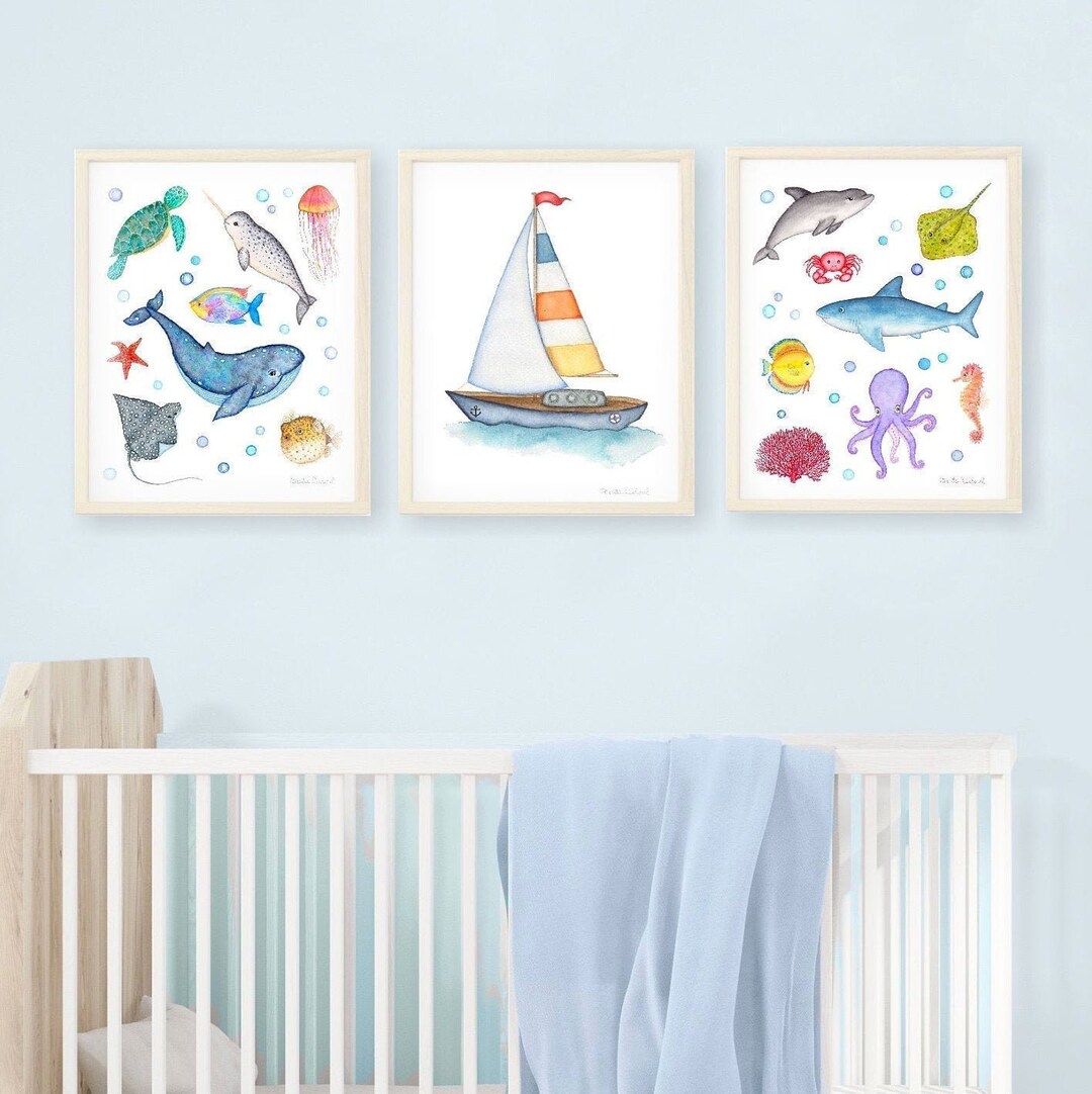 Nautical Nursery Print Set of 3. Sailboat Art. Fish Watercolor - Etsy