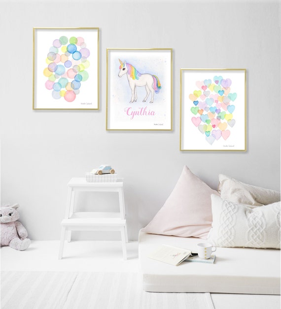 Pastel Rainbow Art Set. Heart Art Print. Nursery Decor. Girls Room