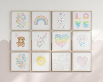 Pastel Rainbow Nursery Prints, Watercolor Painting, Baby Girl Room Decor