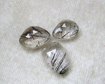 3 pieces 33.70 carat BLACK RUTILATED  Rosecut Uneven flat gemstone, free size apprxo..(14X18.5 to 15x21 mm)
