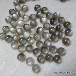 May include: A collection of 50 round, gray moonstone cabochons. The stones are smooth and have a subtle shimmer.