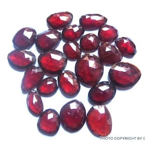 Peut inclure: Une collection de 20 pierres précieuses de grenat rouge facettées. Les pierres sont de tailles et de formes variées, avec une couleur rouge foncé.