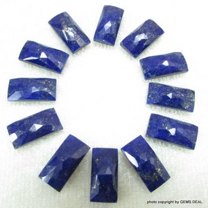 Peut inclure: Dix pierres précieuses de lapis-lazuli rectangulaires facettées dans différentes nuances de bleu avec des reflets dorés. Les pierres sont disposées en cercle sur un fond blanc.