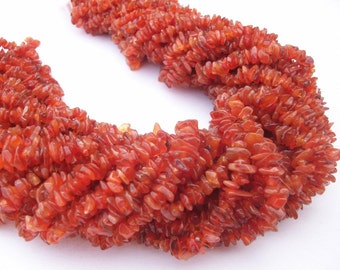 May include: A strand of carnelian gemstone beads, featuring a chipped, irregular shape. The beads are a deep orange-red color and are arranged in a loose, flowing pattern.