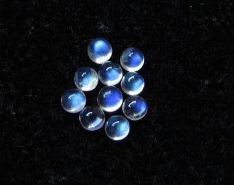 Puede incluir: Un grupo de diez cabujones redondos de piedra lunar iridiscente en varios tonos de azul y blanco. Las piedras están dispuestas en un grupo suelto sobre un fondo negro.