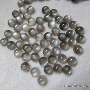 May include: A collection of 40 round, gray moonstone cabochons. The cabochons are smooth and have a subtle shimmer.