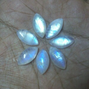 Puede incluir: Siete cabujones de piedra lunar blanca iridiscente en forma de marquesa, dispuestos en forma de flor.