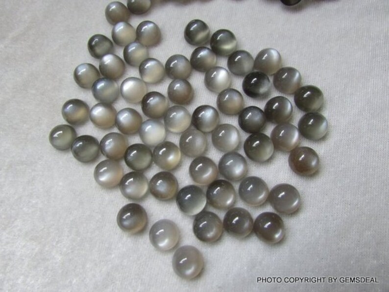 May include: A collection of 40 round, gray moonstone cabochons. The stones are smooth and have a subtle shimmer.