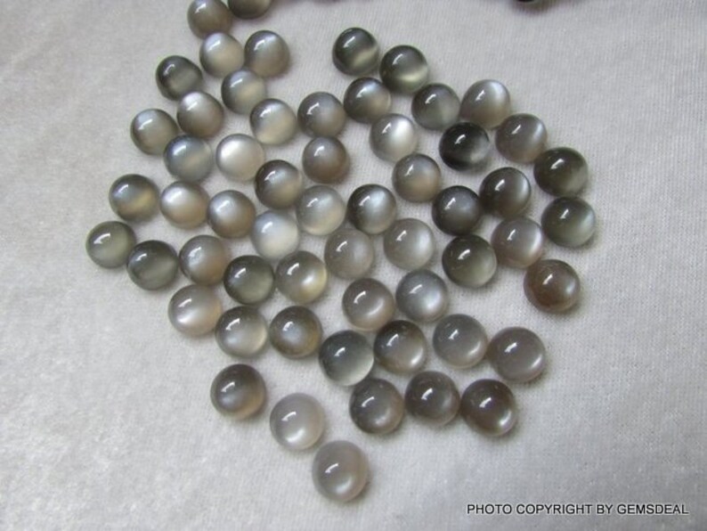 May include: A collection of 40 gray moonstone cabochons, each measuring approximately 10mm in diameter. The stones have a smooth, rounded surface and a subtle shimmer.