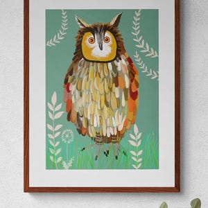 STAMPA ARTISTICA di gufo dalle orecchie lunghe, stampa murale di uccelli colorati, studio della fauna selvatica, eco, ispirata alla natura, stampa disegnata a mano eccentrica, pronta per essere incorniciata