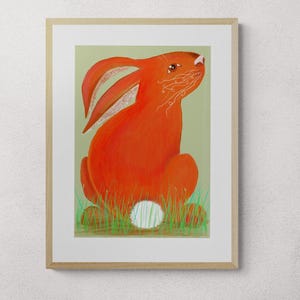 STAMPA ARTISTICA Red Rabbit, stampa murale di uccelli colorati, studio della fauna selvatica, eco, ispirata alla natura, stampa disegnata a mano eccentrica, pronta per essere incorniciata