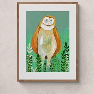 STAMPA ARTISTICA di barbagianni, stampa murale di uccelli colorati, studio della fauna selvatica, eco, ispirata alla natura, stampa disegnata a mano eccentrica, pronta per essere incorniciata