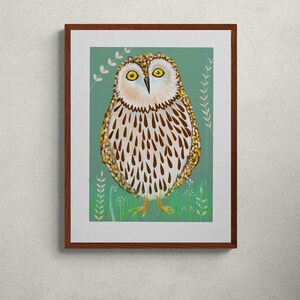 STAMPA ARTISTICA di gufo dalle orecchie lunghe, stampa murale di uccelli colorati, studio della fauna selvatica, eco, ispirata alla natura, stampa disegnata a mano eccentrica, pronta per essere incorniciata