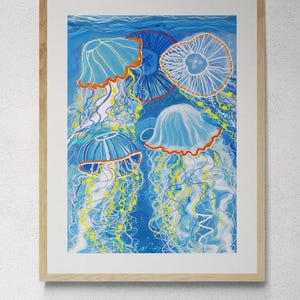 Meduse come stampa murale, una stampa colorata per la sala da pranzo o la cucina o per una parete di una galleria, arte contemporanea.