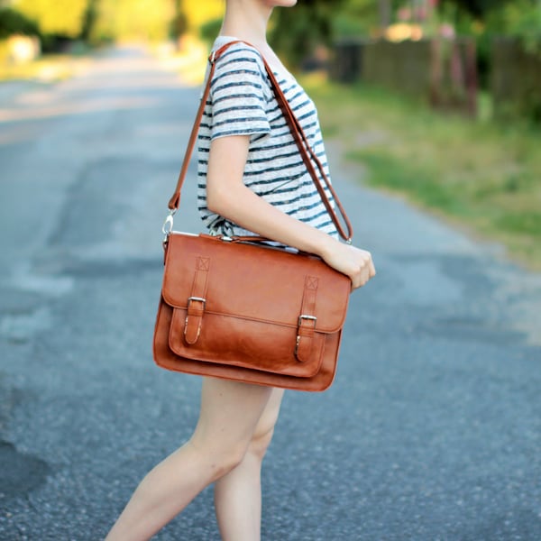 Brown Caramel Vegan Leather Satchel - Briefcase - Brown Leather Bag - Handbag - Shoulder Bag - Leather Messenger Bag - Leather Briefcase