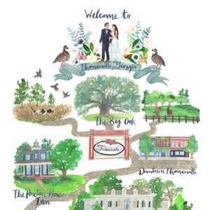 Handgeschilderde kaart-aquarel, pen en inkt, hand schrijven, borstel kalligrafie, Venue, bruiloft, monumenten, heirloom, illustratie, kunst, verhaal