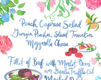 Hand Drawn Custom Wedding Invitation Suite: watercolor, illustration, menu, calligraphy, peony, dinner on the grounds, hydrangea, southern