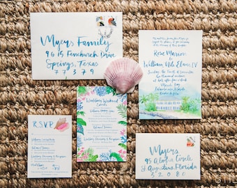 Hand Painted Custom Wedding Invitation Suite: beach, islamorada, florida keys, bougainvillea, ginger jar, conch, coral, hand lettering, blue