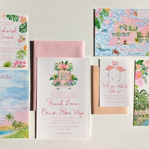 Inviti di nozze personalizzati dipinti a mano: acquerello, illustrazione, belle arti, stemma, costa, Florida, Key West, fenicottero, mappa, rosa, palme
