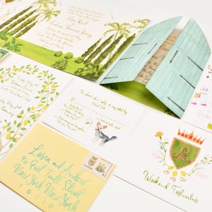 Suite di inviti di nozze personalizzati dipinti a mano: acquerello, illustrato, belle arti, stemma, araldica, Florida, apribile, paesaggio, giardino, mare