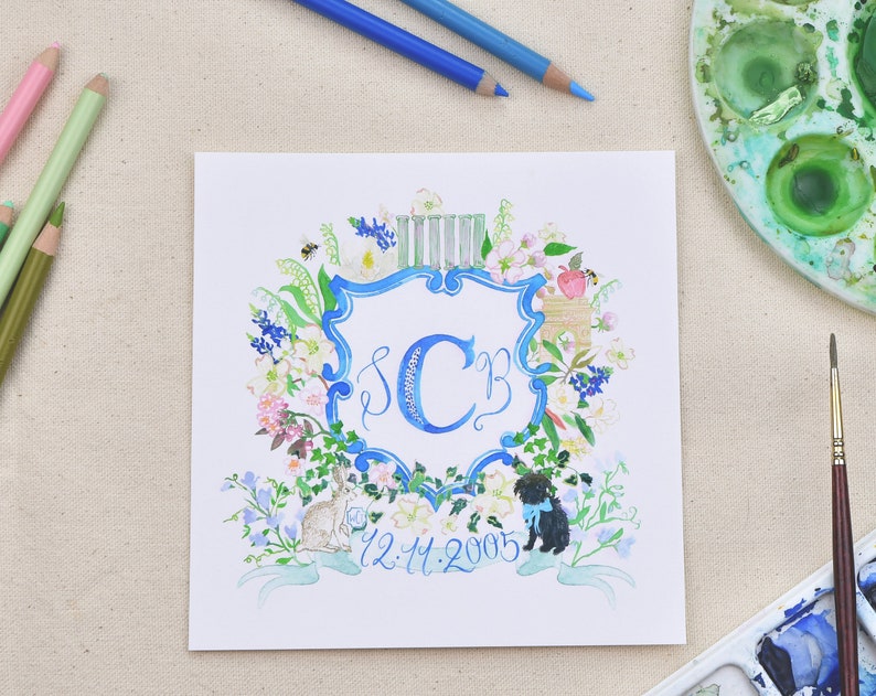 Hand Painted Custom Crest Monogram heraldry emblem wedding fine art invitations pet portrait floral anniversary french