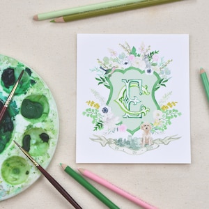 Hand Painted Custom Crest - Monogram, heraldry, emblem, wedding, invitation, fine art invitations, pet portrait, green, floral, illustrated