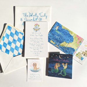 Invitaciones de boda personalizadas pintadas a mano: acuarela, ilustración, bellas artes, escudo, mapa, Italia, italiano, caligrafía, sirena, dama, diversión