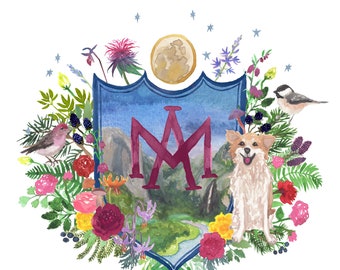 Hand Painted Custom Crest - Monogram, heraldry, emblem, wedding, fine art invitation, floral, pet portrait, colorful, outdoors, whimsical