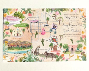 Hand Painted Custom Wedding Invitations: watercolor, illustration, fine art, Save the Date, Map, Palm Springs, Desert, cactus, floral, fun