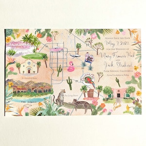 Invitaciones de boda personalizadas pintadas a mano: acuarela, ilustración, bellas artes, guardar la fecha, mapa, Palm Springs, desierto, cactus, floral, diversión