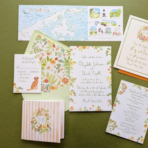 Handgeschilderde aangepaste trouwkaarten: aquarel, beeldende kunst, grillig, illustratie, kleurrijk, briefpapier, long island, north fork, kaart