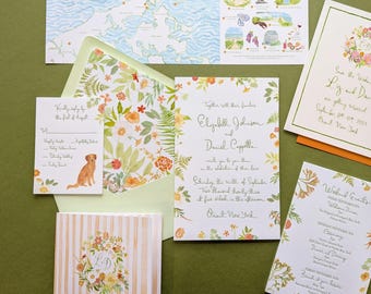 Hand Painted Custom Wedding Invitations: watercolor, Fine Art, whimsical, illustration, colorful, stationery, long island, north fork, map
