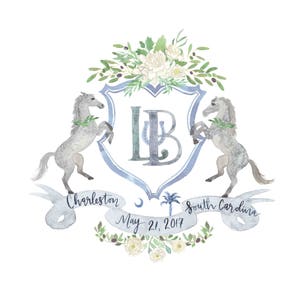 Hand Painted Custom Heraldry - Monogram, crest, laurel, horse, equestrian, horseshoe, peony, rose, olive, South Carolina, plantation, silver