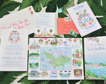 Hand Painted Custom Wedding Invitation Suite: watercolor, illustrated, crest, Saint Barthélemy, Caribbean, Fine Art, Map, Letterpress, Print