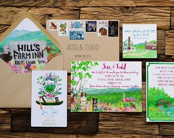 Hand Drawn Custom Wedding Invitation Suite: farm, vermont, animals, whimsical, summer, brush calligraphy, Hill&#39;s Farm Inn, mountains, canoe