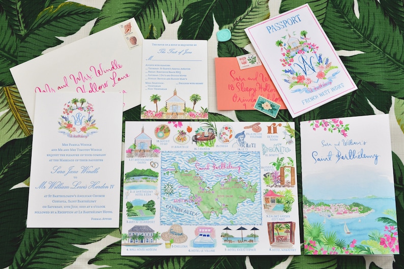 May include: A set of wedding invitations featuring a watercolour illustration of a tropical island. The invitations are printed on white cardstock and use a blue and pink colour scheme. The text on the invitations reads "Mr. and Mrs. Windle" and "Sara Jane Winelle and Mr. William Lowe's Harden IV".