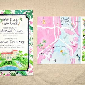 Suite di inviti di nozze personalizzati dipinti a mano: Miami, spiaggia, tropicale, glam, rosa, turchese, illustrazione, mappa, vizcaya, giardino, sede, piscina