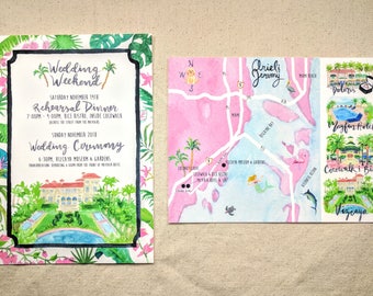 Hand Painted Custom Wedding Invitation Suite: Miami, beach, tropical, glam, pink, turquoise, illustration, map, vizcaya, garden, venue, pool