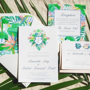 Suite di inviti di nozze personalizzati dipinti a mano: isola, nautica, colorata, calligrafia, tropicale, acquerello, spiaggia, boho, paradiso, pesce