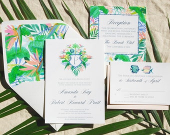 Hand Painted Custom Wedding Invitation Suite: island, nautical, colorful, calligraphy, tropical, watercolor, beach, bohemian, paradise, fish