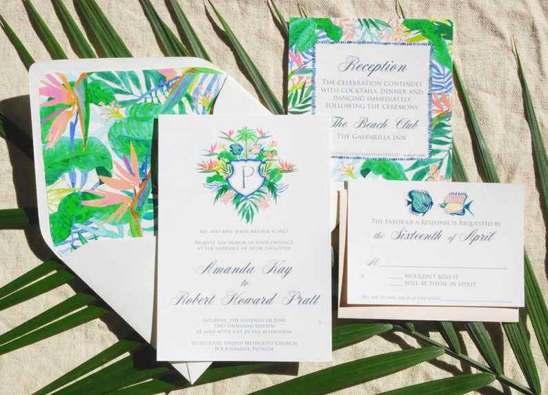 Hand Painted Custom Wedding Invitation Suite: watercolor santa barbara crest illustrated monogram tropical belmond el encanto peonies