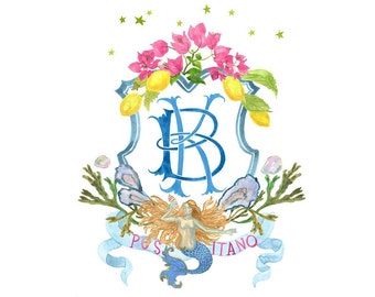 Hand Painted Custom Crest - Monogram, heraldry, emblem, wedding, fine art invitation, Positano, Amalfi, Italy, lemon, bougainvillea, mermaid