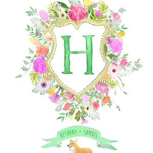 Handgezeichnetes Botanisches Wappen Monogramm, Blumen, Farne, Palmen, Heraldik, tropisch, Dschungel, Bananenblatt, Aquarell, Sandhill Kranich Bild 4