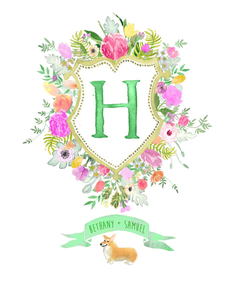 Handgezeichnetes Botanisches Wappen Monogramm, Blumen, Farne, Palmen, Heraldik, tropisch, Dschungel, Bananenblatt, Aquarell, Sandhill Kranich Bild 4