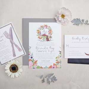 Hand Painted Custom Wedding Invitation Suite: watercolor, crest, illustrated, countryside, north carolina, tobacco, romantic, pet portrait