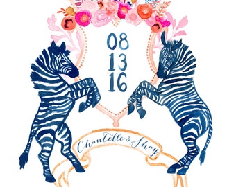 Hand Drawn Custom Heraldry - Monogram, flowers, wild, palm, crest, poppies, rose, tropical, zebra, indigo, peonies, watercolor, illustration